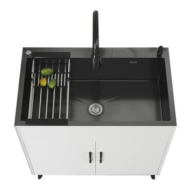 Imagem de Armário de pia de cozinha, pia de suporte com pia de aço inoxidável, armário de armazenamento de porta dupla de madeira, armário de pia de lavanderia utilitário (500 x 400 mm/49.8 x 39.9 cm, branco)