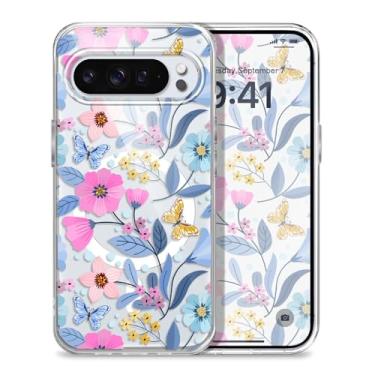 Imagem de Gencyfu Capa para Google Pixel 10 Pro XL, suporte para Magsafe, capa protetora magnética fina para celular Pixel 10 Pro XL 6,8 polegadas, flores roxas
