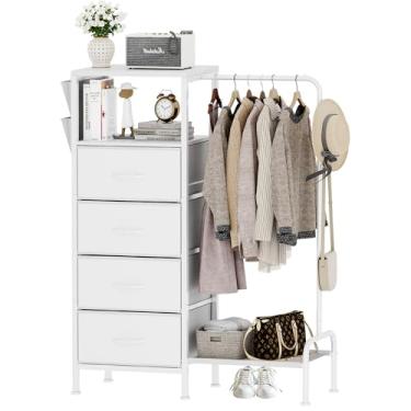 Imagem de Homeiju Cômoda com suporte para pendurar, cômoda reversível para quarto com 4 gavetas, cabideiro e bolsos laterais, cômoda com suporte para roupas, cômoda infantil para quarto, branca