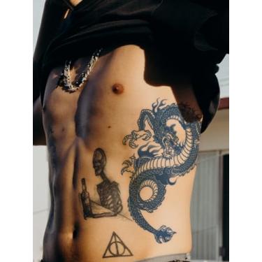 Imagem de Suco de ervas semipermanente agressivo oriental dragão braçadeira tatuagem tatuagem 7-14 dias sem derramamento não-reflexivo braço perna cintura corpo adesivo tatuagem impermeável 1 pacote