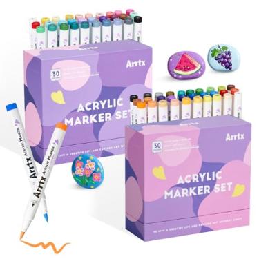 Imagem de Arrtx Canetas de tinta acrílica, 60 peças para pintura de rocha, ponta de pincel extra, marcadores de tinta à base de água para pedra, vidro, ovo de Páscoa, madeira e pintura de tecido - sem tóxico