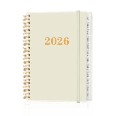 Imagem de Agenda 2026 - Agenda anual de janeiro de 2026 a dezembro de 2026, agendas semanais e mensais encadernadas em espiral com abas de 12 meses, bolso interno, 16 cm x 21,6 cm, bege