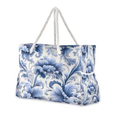 Imagem de Wassud Bolsa de praia azul floral grande bolsa de praia para mulheres, impermeável, à prova de areia, bolsa de viagem com zíper e bolso para piscina, academia, acampamento