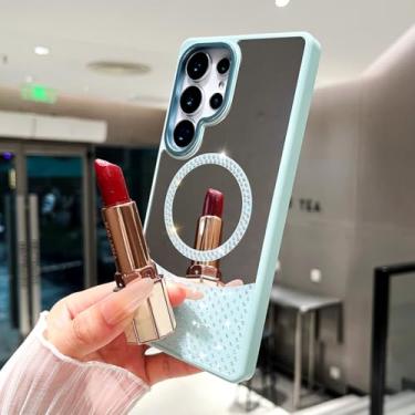 Imagem de HJZSZX Capa magnética luxuosa com espelho de vaidade e glitter para Galaxy A15 (para Galaxy A15/azul celeste)