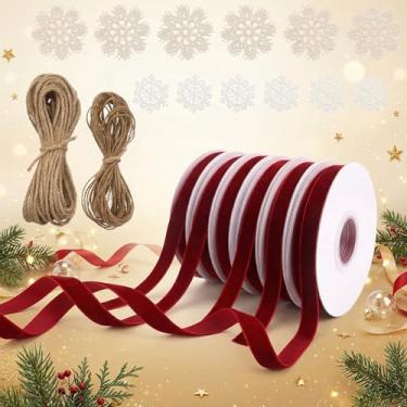 Imagem de IDONGCAI Conjunto de fita de embrulho de presente para decoração de Natal, fitas de veludo de 9,5 cm, flocos de neve, corda de juta/corda de cânhamo, para embrulho de presente, convites, decorações de