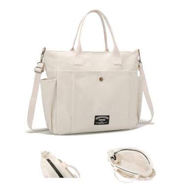 Imagem de SUANNI Bolsa de lona para mulheres, bolsas transversais com zíper, alça ajustável, bolsa de ombro feminina, bolsa para laptop, Bege, Bolsa feminina grande de lona