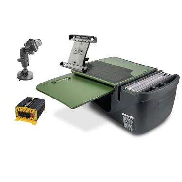 Imagem de AutoExec Mesa de carro GripMaster para sua estação de trabalho de veículo e escritório móvel, verde exército, com inversor de potência de 400 watts, suporte para tablet e suporte de telefone com