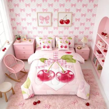 Imagem de Erosebridal Conjunto de cama de solteiro, para meninas, com laço rosa, 7 peças, com estampa de princesa e laço em uma bolsa, conjunto de cama kawaii