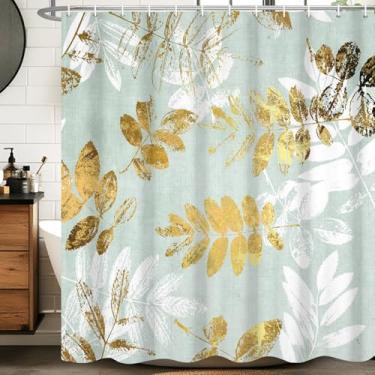 Imagem de Velaequezii Cortina de chuveiro com folhas de plantas botânicas, folha dourada, verde menta, impressa, impermeável, tecido lavável, banheiro, decoração de banheira, conjunto de cortina de chuveiro com