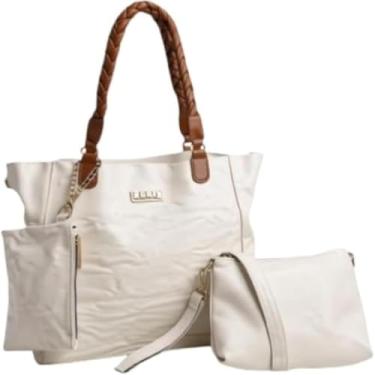 Imagem de Kit 3 Peças Bolsa Feminina com Alças Trançadas, Branco com Caramelo, Couro Sintético, Inclui Bolsa Grande, Transversal e Necessaire