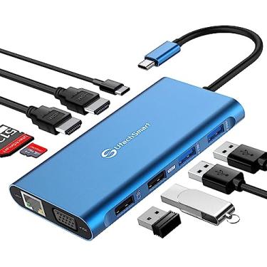 Imagem de UtechSmart Estação de ancoragem 11 em 1, estação de ancoragem USB para laptop de monitores triplos com 2 HDMI, VGA, PD3.0, compartimento para cartão SD TF, 4 portas USB, adaptador USB-C compatível com