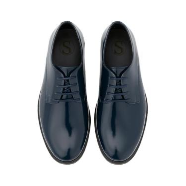 Imagem de Sapato social masculino Derby Patente formal com cadarço e formatura, Azul marinho, 11.5 Little Kid