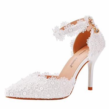 Imagem de Beauty Admire Sandálias femininas de salto alto com bico fino fechado com renda floral e tiras de pérolas salto agulha sapatos de noiva para vestido de noiva 9 cm, Branco, 34