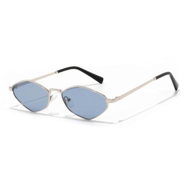 Imagem de JRLLFD Óculos de sol femininos com armação pequena e losango, polarizados para áreas externas, UV400, steampunk, metal (C2 azul prateado)