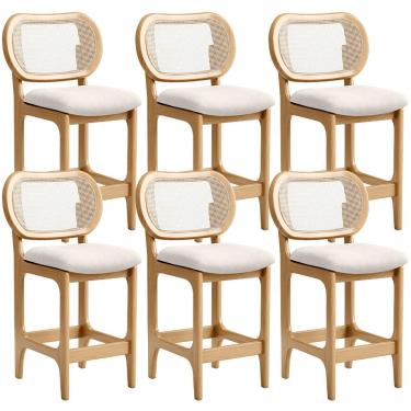 Imagem de Kit 6 Banquetas Baixa Bar Cozinha Sala de Jantar Betta L02 Mel Tela Linho Cru - Lyam Decor