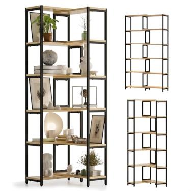 Imagem de VGUOORG Prateleira/estante de canto de 6 camadas, estante deformável em forma de L, prateleira de exibição alta moderna com moldura de metal resistente para escritório em casa (cor de madeira natural)