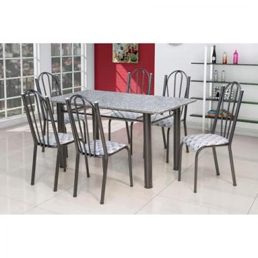 Imagem de Conjunto Sala de Jantar Mesa Retangular Tampo de Granito com 6 Cadeiras Assento Capitone Luana Cromo preto/capitone