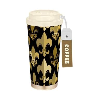 Imagem de TSENQUE Copo de café de 473 ml com revestimento cerâmico, copo de café de viagem de aço inoxidável com canudo e tampa de filp, copo isolado a vácuo, flor de lis dourada preta
