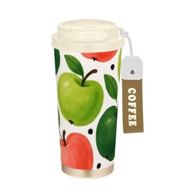 Imagem de TSENQUE Caneca de café de viagem de 473 ml com revestimento cerâmico, copo de café de aço inoxidável com tampa de enchimento e canudo, copo isolado a vácuo, maçãs rosa verde aquarela