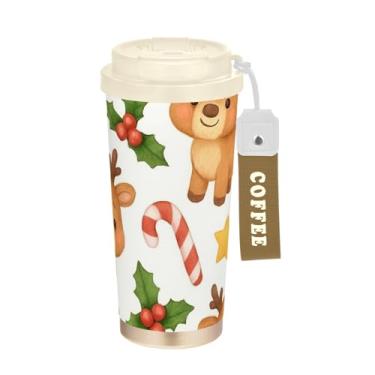 Imagem de Caneca de viagem de café 40 ml com canudo e tampa de filp, copos de parede dupla isolados a vácuo com revestimento cerâmico, rena fofa de Natal