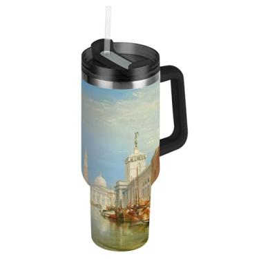 Imagem de Copos de aço inoxidável com tampa e canudos J. M. W. Turner Venice Dogana San Giorgio Maggiore Caneca de café quente para carros Copo grande de 1,18 l com alça garrafa de água isolada