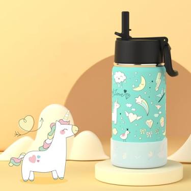 Imagem de Frasco de aço inoxidável isolado a vácuo de 350 ml com tampa de canudo - Design impresso em 3D, boca larga à prova de vazamento, revestimento durável para escola, esportes e uso ao ar livre (unicórnio