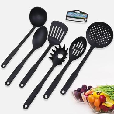 Imagem de Conjunto de 6 utensílios de cozinha resistentes ao calor, incluindo concha, colher, escumadeira, espátula, espátula, servidor de espaguete, conjunto de utensílios de cozinha de plástico de grau
