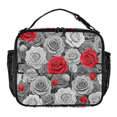 Imagem de Joisal Lancheira preta branca com rosas vermelhas e flores para mulheres, meninas, lancheira masculina e infantil, lancheira para trabalho, reutilizável para alimentos, isolada para adultos