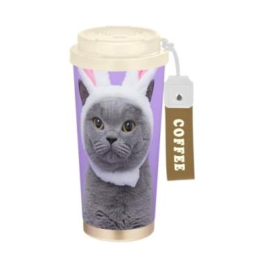Imagem de TSENQUE Caneca de café de viagem de 473 ml com tampa de canudo e filp, caneca de café de aço inoxidável isolada a vácuo à prova de vazamento, gato fofo de Páscoa roxo