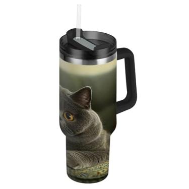 Imagem de Joisal Copos de aço inoxidável com tampa e canudos Fat British Shorthair Cat Car Coffee Tumbler Women 1,134 g Tumbler com alça garrafa de água isolada
