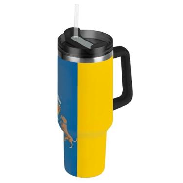 Imagem de Joisal Copo de 850 g com alça Copos de aço inoxidável com tampas e canudos Garrafas de água fofas rosa carros isolados xícara de café bebida quente bandeira das Ilhas Canárias arquipélago espanhol