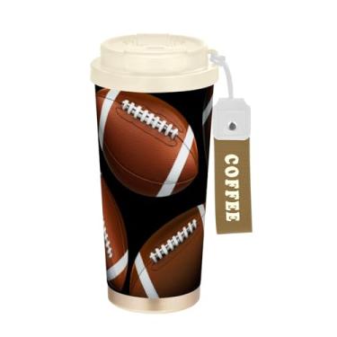 Imagem de Caneca de viagem de café 16+ Oz, copo de café com revestimento cerâmico com tampa e canudo, copo isolado a vácuo de aço inoxidável, bolas de futebol americano pretas