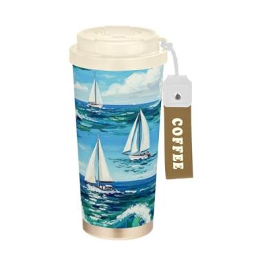 Imagem de TSENQUE Caneca de café de viagem 40 ml com revestimento cerâmico, copo de café de viagem de aço inoxidável com canudo e tampa, copo isolado a vácuo, ondas de aquarela veleiros mar