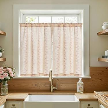 Imagem de JINCHAN Cortinas de cozinha de linho 91 cm de comprimento pequenas cortinas de janela moderna painéis de cortina de fazenda com padrão de pata de gato e videira para banheiro, porão, filtro de luz