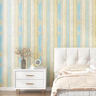 Imagem de Skyblur Papel de parede autoadesivo azul amarelo Shiplap de grão de madeira rústica para bancadas, armários, papel de parede de madeira envelhecida para quarto, adesivos de parede de vinil 40 x 304 cm