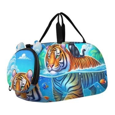 Imagem de Bolsa esportiva para meninos e crianças pequenas, estilo chinês, árvores, flores, pássaros, bolsa de viagem com compartimento para sapatos, Gato fofo peixe-tigre azul, Clássico