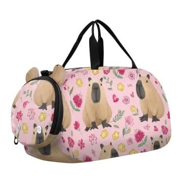 Imagem de Bolsa esportiva para meninos de fim de semana para noite com caras fofas de coala, amarelo claro, bolsas de viagem para meninas, compartimento para sapatos, Lindas flores de capivaras, azulejo rosa