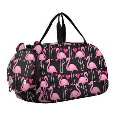 Imagem de Bolsa esportiva de lagosta vermelha com estrela do mar azul para viagem de fim de semana bolsa esportiva para meninos e crianças, Flamingo rosa e corações pretos, Clássico