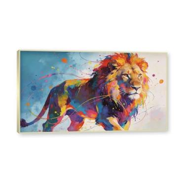 Imagem de NHLDZYH Moldura dourada. Pintura salpicada de leão pintura em tela abstrata arte animal mural vívido chama a atenção para sala de estar decoração de casa moderna. A116. 30 x 54 cm.