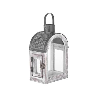Imagem de Lanternas decorativas de fazenda de 28 cm de altura, vidro e metal, acabamento de madeira branca envelhecida, topo de metal preto vintage, castiçais internos e externos (branco rústico, 15 x 11 cm)