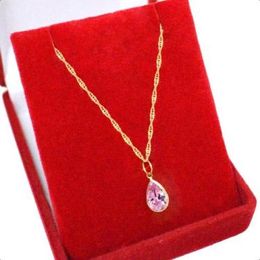 Imagem de Colar Cordão Singapura Ouro 18k 750 50cm E Gota Zircônia Rosa - S. Dem