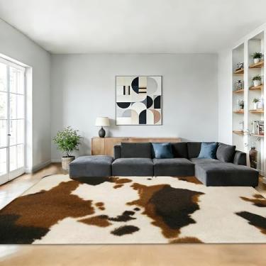 Imagem de Tapete de couro bovino marrom, 12 x 18 cm, tapete lavável com estampa de vaca ocidental, antiderrapante, tapetes grandes para sala de estar, quarto, casa de fazenda, sala de jantar, sala de jogos