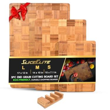 Imagem de SliceElite Conjunto de tábua de corte de bambu extragrande de 3 peças de tábua de cortar madeira de grão final com suporte, pés antiderrapantes, sulco de suco, acabamento pré-oleado, GG, tábuas de