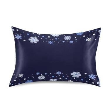 Imagem de Wassud Fronha de cetim azul flocos de neve para cabelo e pele fronhas de seda lisa tamanho padrão capas de travesseiro respiráveis com fecho de envelope
