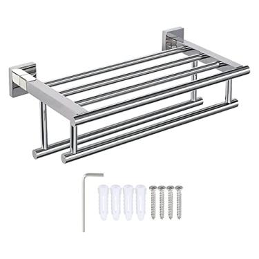 Imagem de Toalheiro de banheiro Toalheiro montado na parede, suporte de toalha duplo com prateleira de banheiro de 2 barras, toalheiro de banheiro escovado, armazenamento de cabide de parede/Ni escovado, lobo