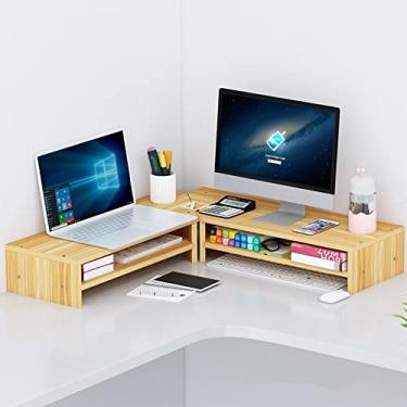 Imagem de ZDJZMGZ Suporte de monitor duplo de madeira com prateleira de armazenamento, suporte ergonômico para monitor de computador, suporte de tela grande para estação de trabalho, prateleira de canto de mesa