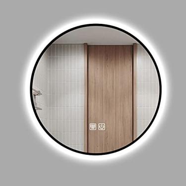 Imagem de Espelho de banheiro redondo de LED, espelho de maquiagem antiembaçamento montado na parede, brilho ajustável, luz branca/luz quente, moldura preta, 50 cm/60 cm/70 cm/80 cm, toque duplo