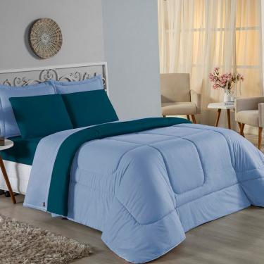 Imagem de Kit Edredom Dupla Face + Jogo De Lençol Queen Nobre 7 Peças Malha 100% Algodão - Azul-bebê / Petróleo