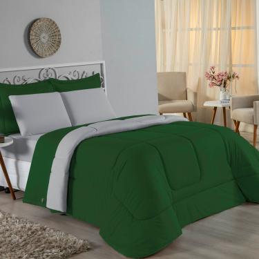 Imagem de Kit Edredom Dupla Face + Jogo De Lençol Queen Nobre 6 Peças Malha 100% Algodão - Verde-bandeira / Cinza