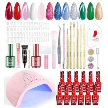 Imagem de Beetles Kit de esmalte de gel de 67 peças com luz em U V - Conjunto de esmalte em gel de 12 cores para o dia dos namorados, olho de gato, rosa, kit de unhas com glitter rosa com suporte de acrílico